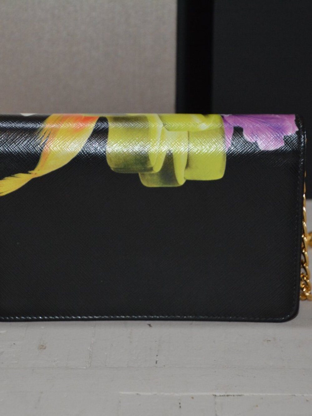 Prada Black Saffiano Printed Faces Leather Chain Clutch - Picture 2 of 2